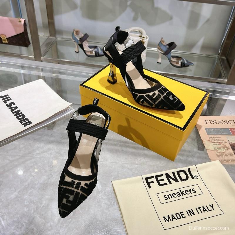 2025 Women Fendi Black Beige Fabric Leather High Heel MJ00280