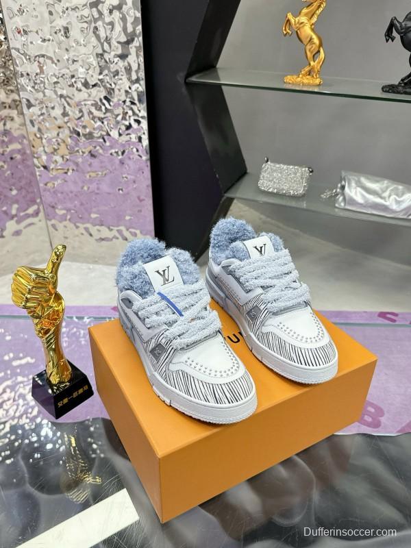 2024 Women Louis Vuitton White Grey Leather Fur Sneakers