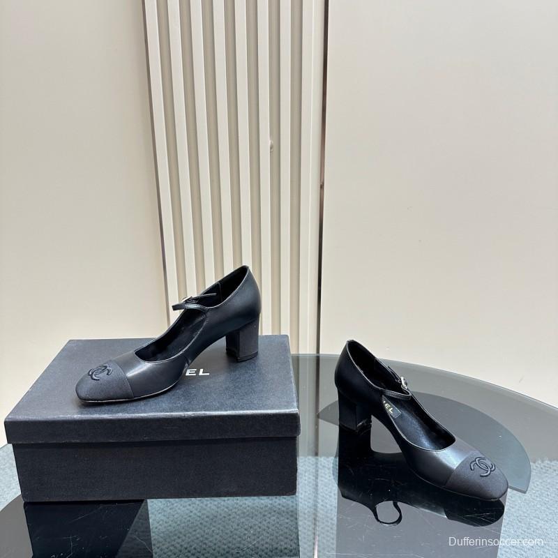 2025 Women Chanel Black Leather Mary Jane Shoes KFY00290