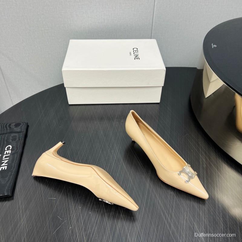 2025 Women Celine Beige Patent Leather Pointed Toe Heel Metal Ornament KFY00290