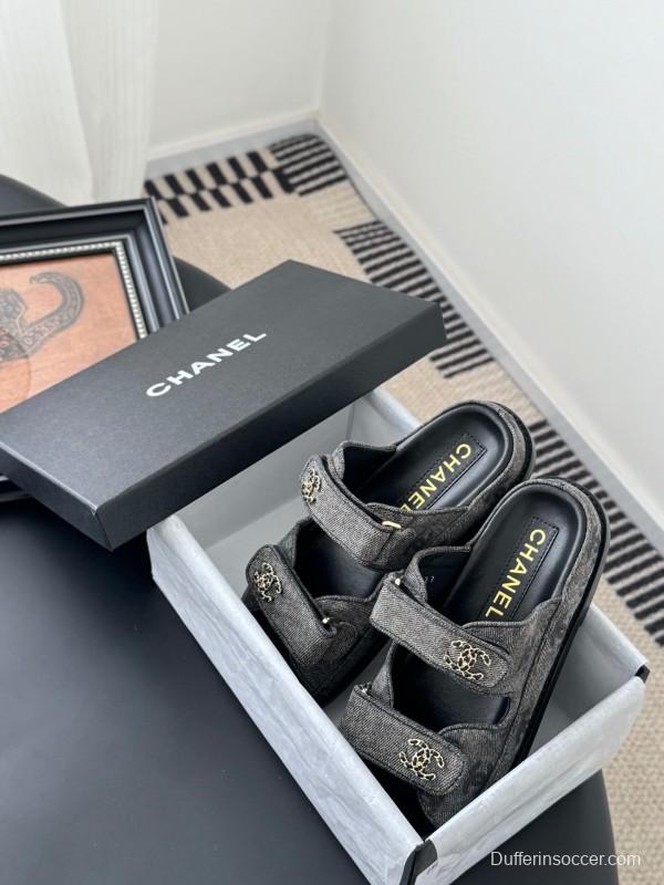 2025 Women Chanel Grey Fabric Leather Sandals Magic Tape LY00310