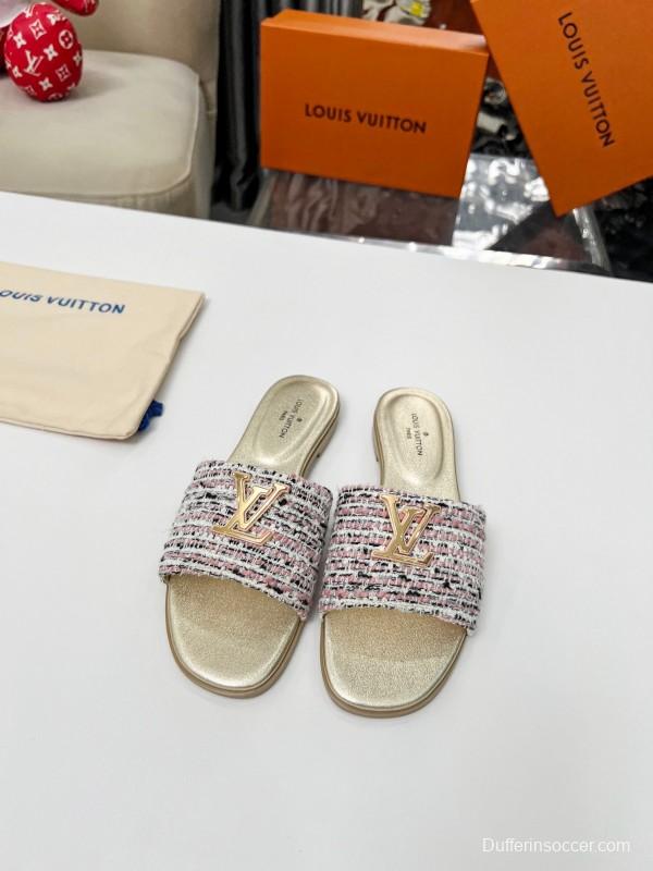 2025 Women Louis Vuitton Pink White Gold Fabric Leather Slippers