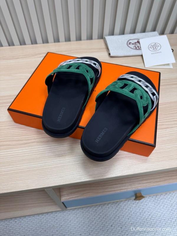 2025 Slippers Hermès Green Black Suede Leather Slippers