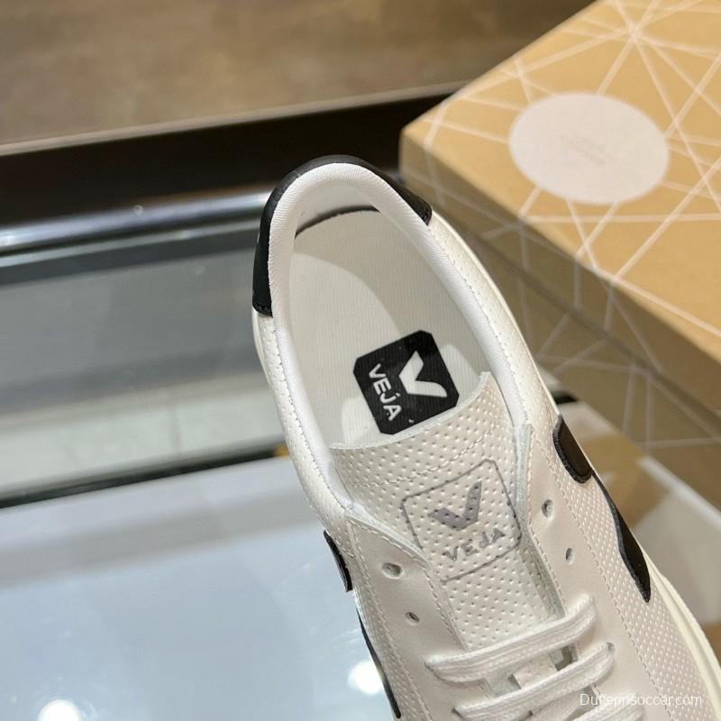 2025 Unisex VEJA White Black Leather Canvas Sneakers V Logo MJ00240(W/M)