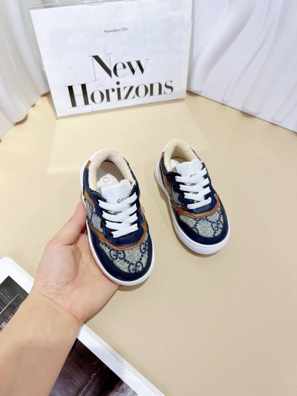 2024 Kids Gucci Blue Brown Canvas Leather Sneakers