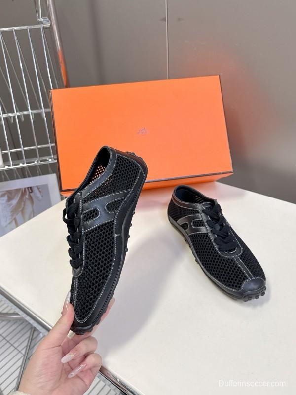 2025 Women Hermès Black Mesh Leather Trainers KFY00250