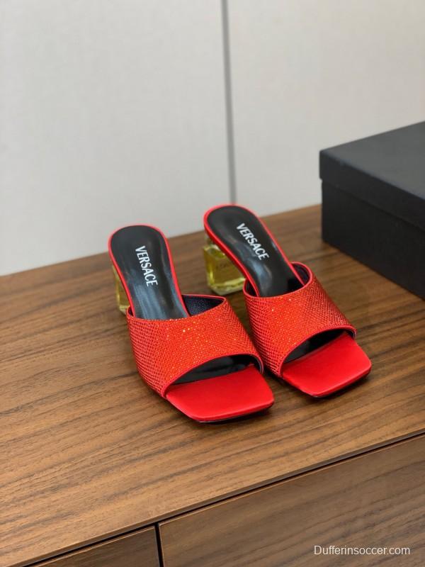 2025 Women VERSACE Red Leather Suede Slip-on Sandals