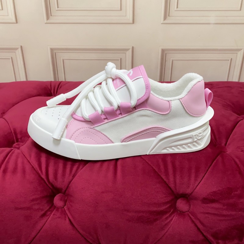 2025 Women Dolce & Gabbana White Pink Leather Mesh Sneakers