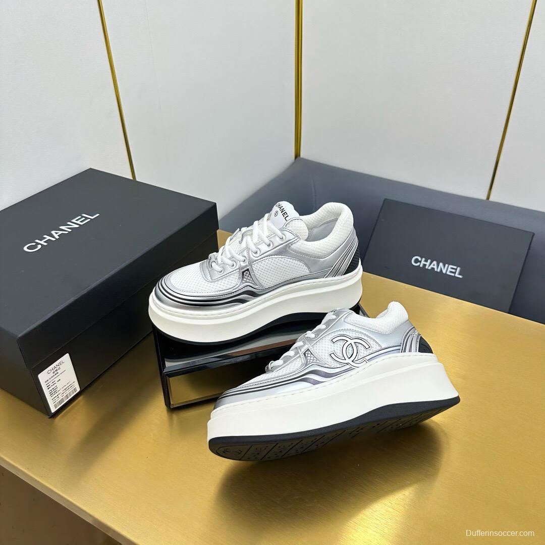 2025 Women Chanel White Silver Leather Mesh Sneakers