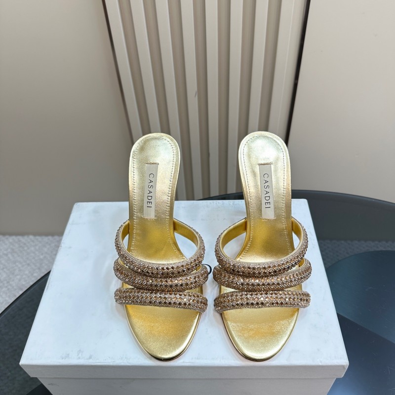 2025 Women Casadei Gold Glitter Leather High Heel Sandals