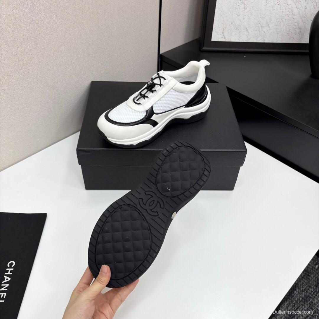 2025 Unisex Chanel White And Black Silk Leather Panda Sneakers With Embroidery Detail CHN2025