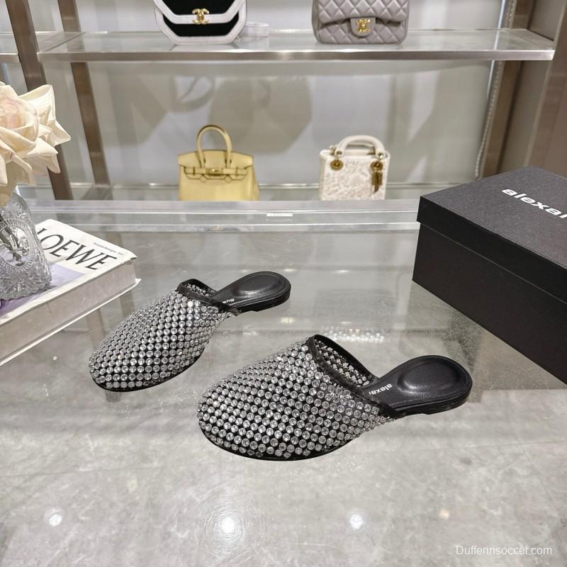 2025 Slippers Alexander Wang Black Crystal Mesh Leather Slippers LY00310