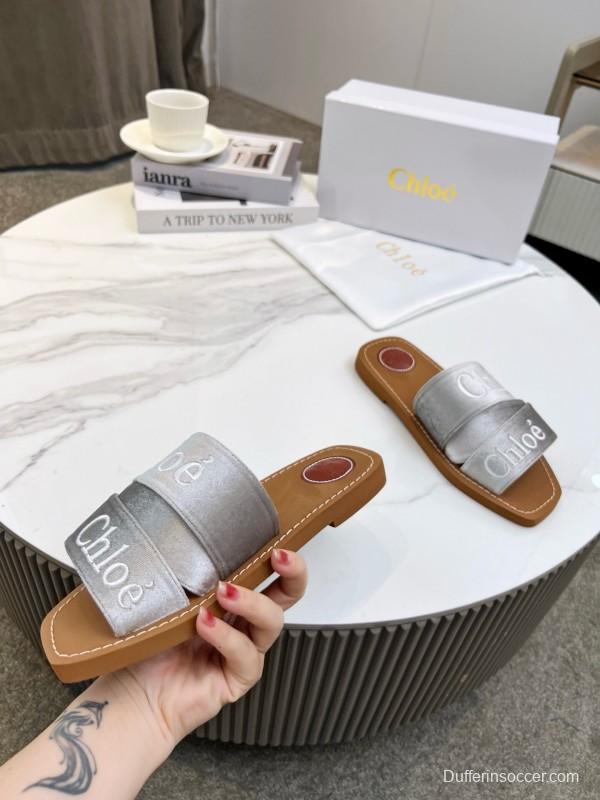 2025 Women Chloé Silver Leather Slippers LY00200