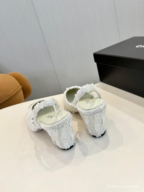 2025 Women Chanel White Black Tweed Patent Leather Slingback LY00240