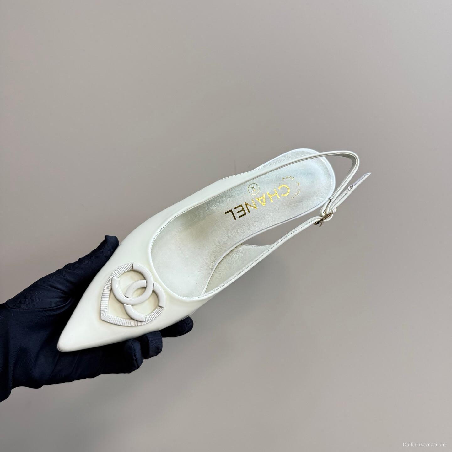 2025 Women Chanel White Patent Leather Slingback Pumps