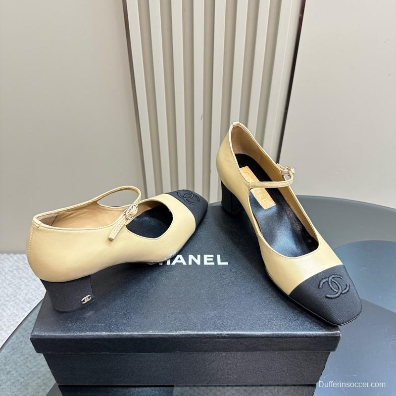 2025 Women Chanel Beige Black Leather Mary Jane Shoes KFY00290