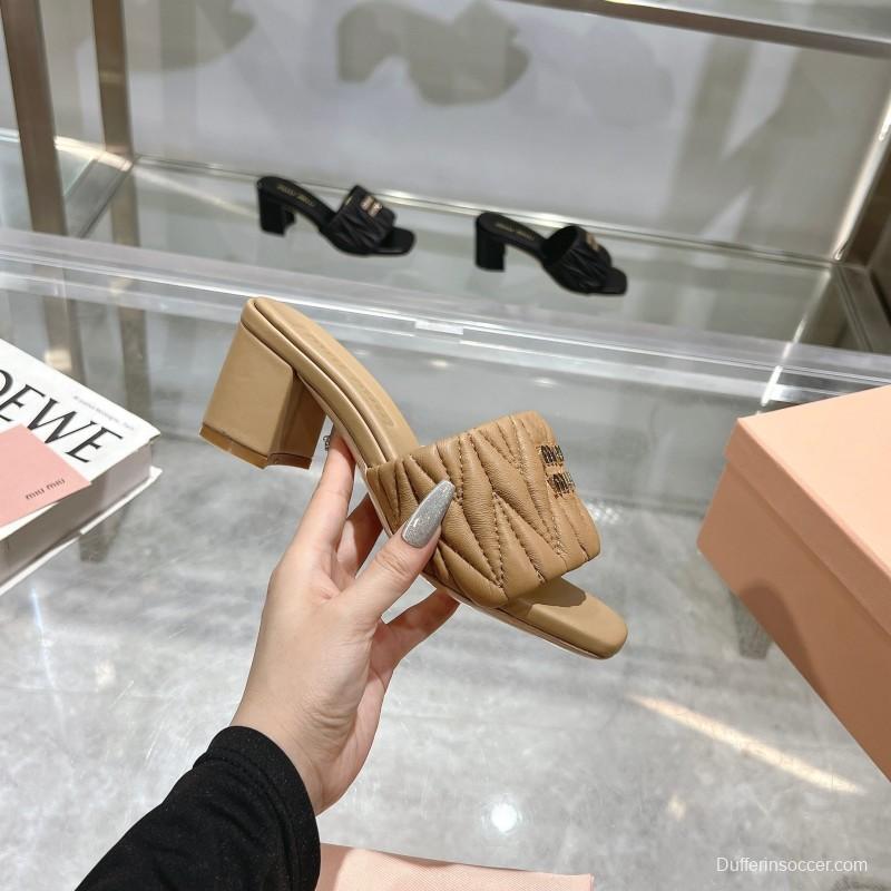 2025 Women Miu Miu Beige Lambskin Heeled Sandals MDR00123