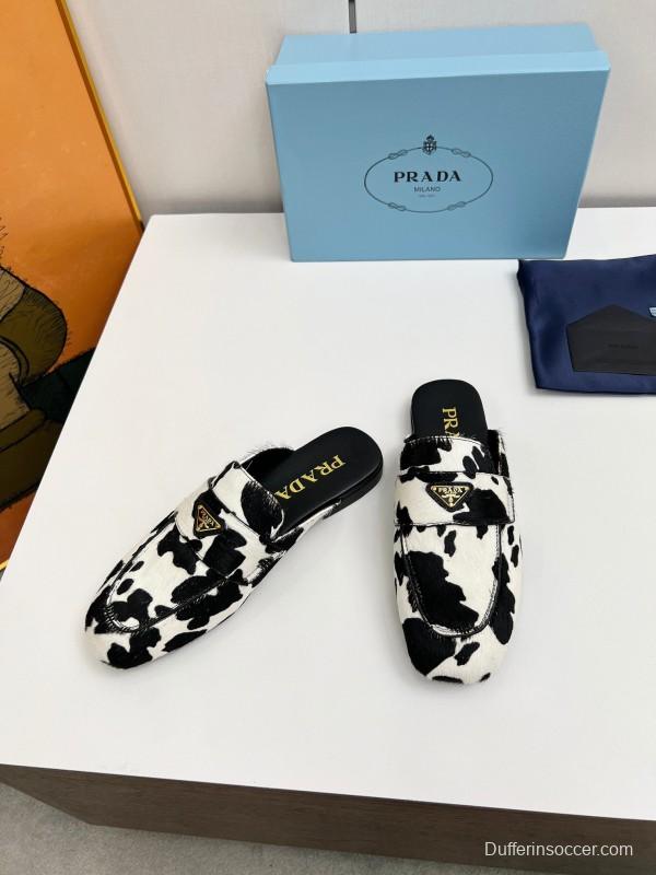 2025 Women Prada Black White Calf Hair Loafers LY00260
