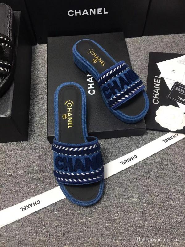 2025 Slippers Chanel Blue Fabric Slippers LY00270