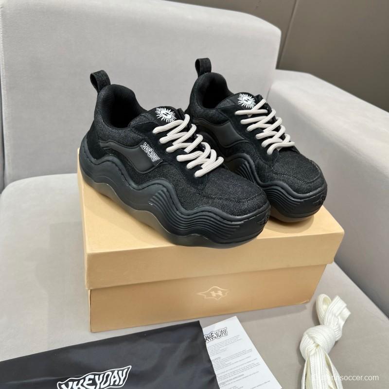 2025 Unisex HEYDAY Black Canvas Leather Wave Sneakers KFY00260