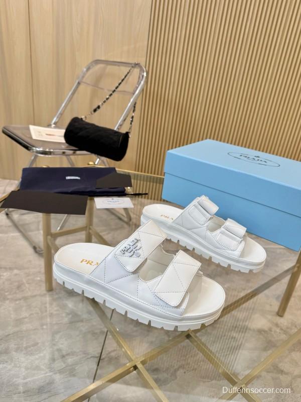 2025 Women Prada White Leather Slippers LY00270