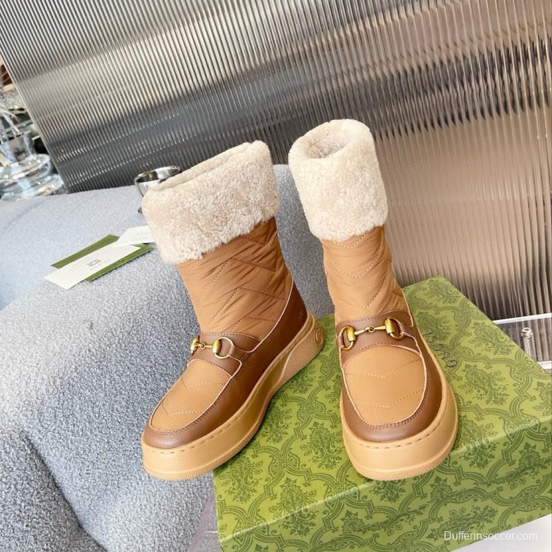 2024 Women Gucci Brown Tan Leather Shearling Lined Snow Boots MJ00420