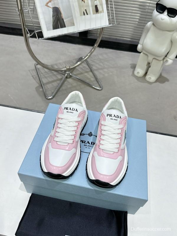 2025 Women Prada White Pink Leather Sneakers