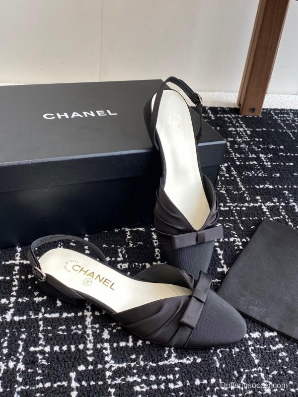 2025 Women Chanel Black Satin Silk Leather Sandals Bow KFY00289