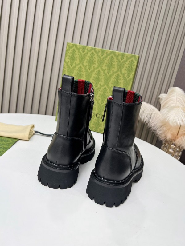 2024 Women Gucci Black Leather Lace-Up Combat Boots Red Green Web MJ00340