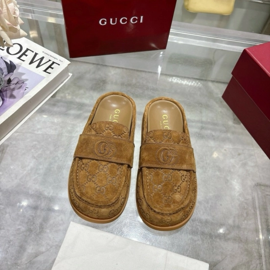 2025 Women Gucci Dark Brown Suede Loafers Embossed GG LY00270