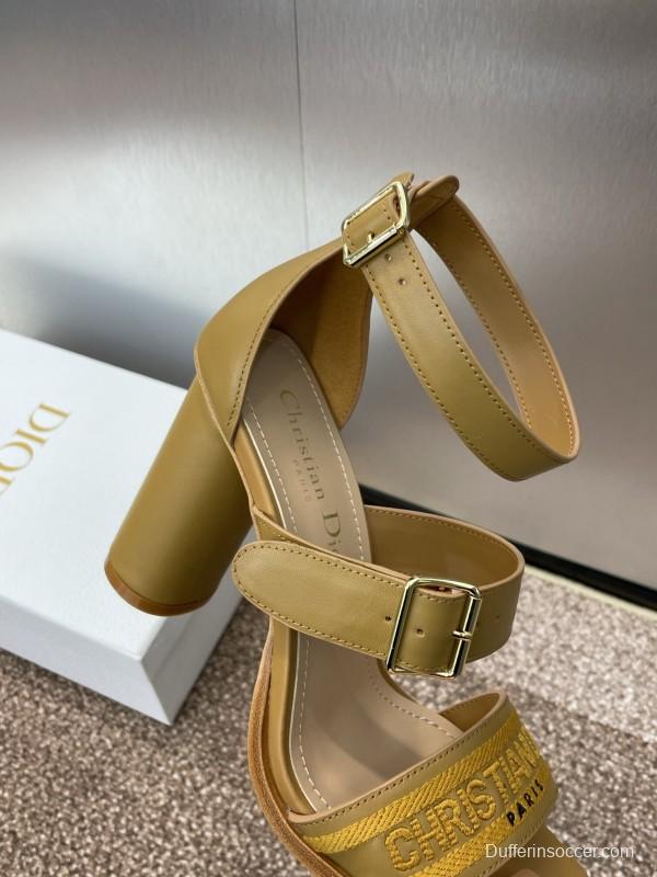 2025 Women Dior Yellow Leather Embroidered High Heel Sandals