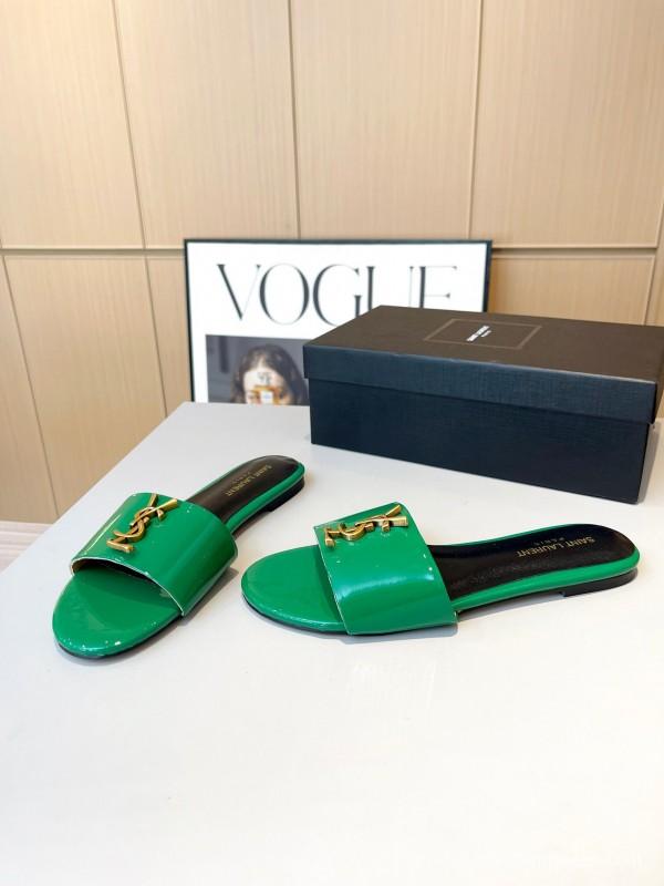 2025 Women Yves Saint Laurent Green Leather Slippers LY00180