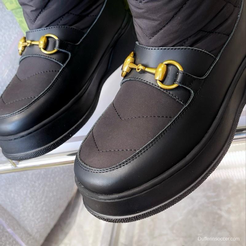 2024 Women Gucci black leather quilted snow boots gold metal MJ00420