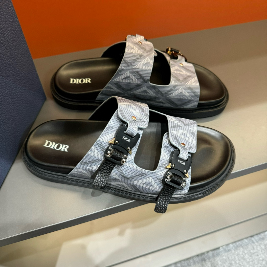 2024 Men Dior Grey Canvas Leather Sandals Buckle