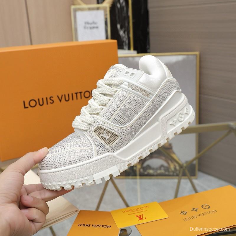 2024 Unisex Louis Vuitton White Crystal Trainer Leather Plimsolls High Temperature Pressing MJ00430