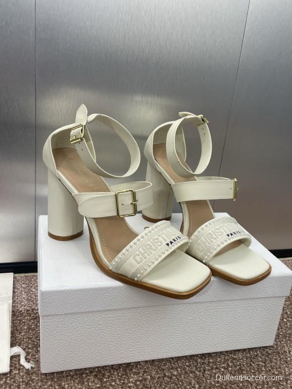 2025 Women Dior White Calfskin Leather Embroidered Sandals KFY00320