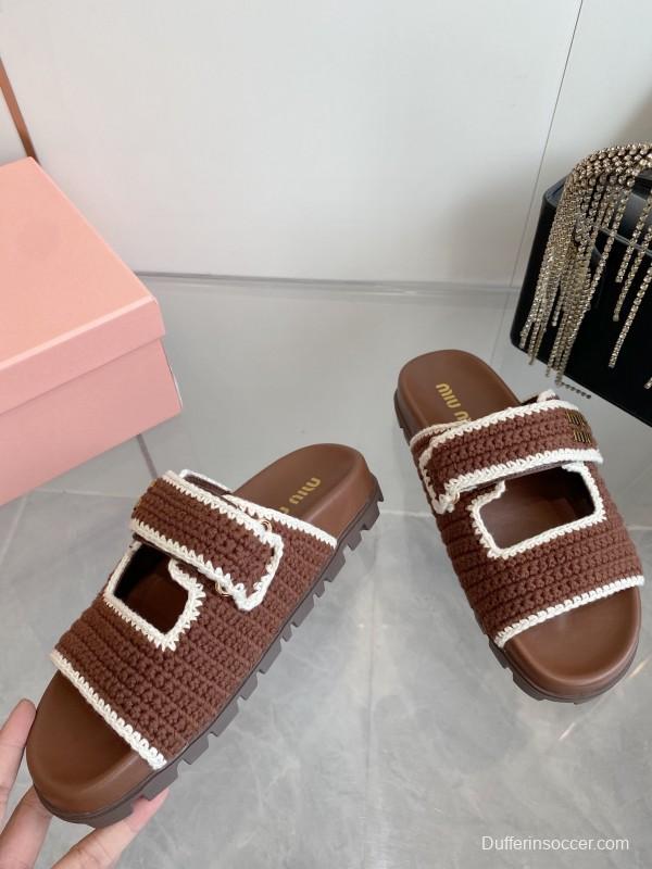 2025 Miu Miu Brown White Crochet Slippers KFY00290