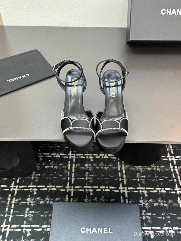 2025 Women Chanel Black Fabric Leather Rhinestone Platform Sandals KFY00320