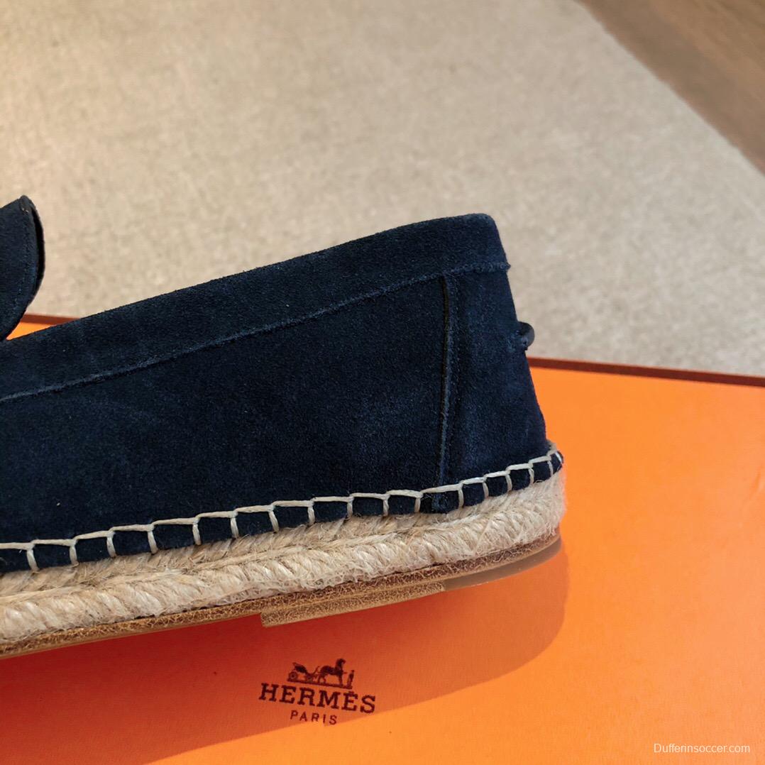 2025 Unisex Hermès Navy Blue Suede Calfskin Loafers AS00380
