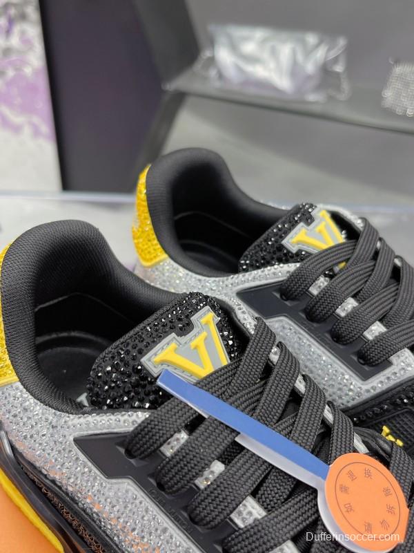2025 Unisex Louis Vuitton Black Grey Yellow Leather Fabric Plimsolls Handcrafted Rhinestone AS00400