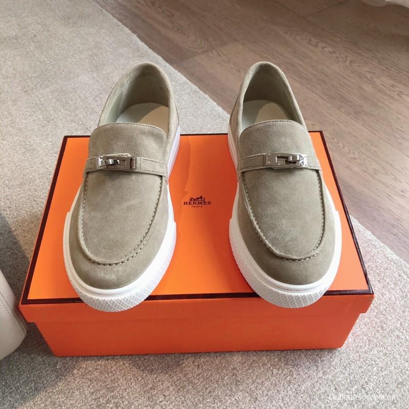 2025 Unisex Hermès Khaki Suede Leather Loafers AS00380