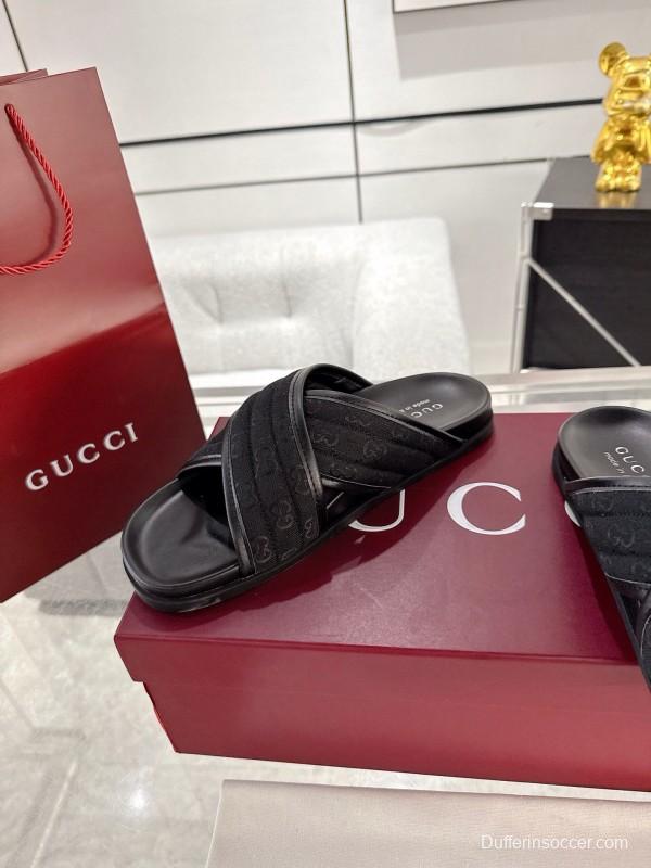 2025 Unisex Gucci Black Fabric Leather Slippers GG Embossed AS00240