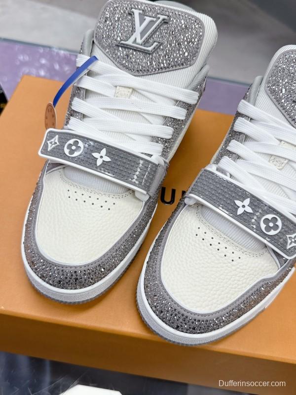 2025 Unisex Louis Vuitton Silver Grey White Leather Fabric Plimsolls Hand-Crafted Crystal AS00400