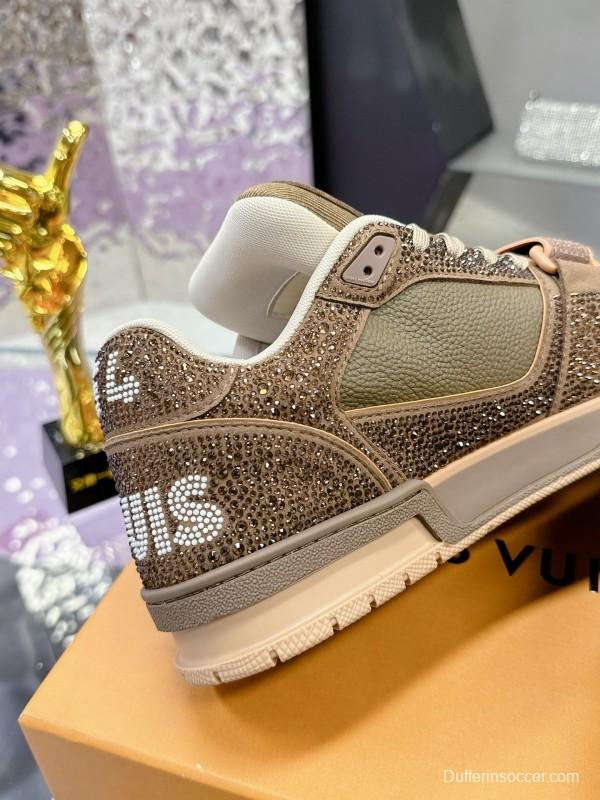 2025 Unisex Louis Vuitton Brown Khaki Leather Fabric Plimsolls Beading AS00400