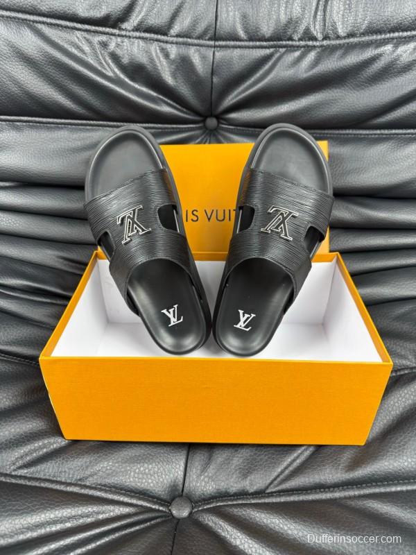 2025 Men Louis Vuitton Black Leather Slippers AS00170