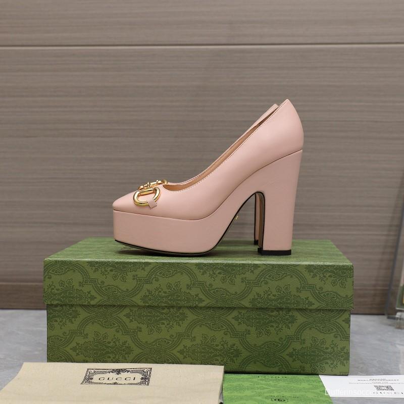 2025 Women Gucci Pink Leather Platform Pumps KFY00320
