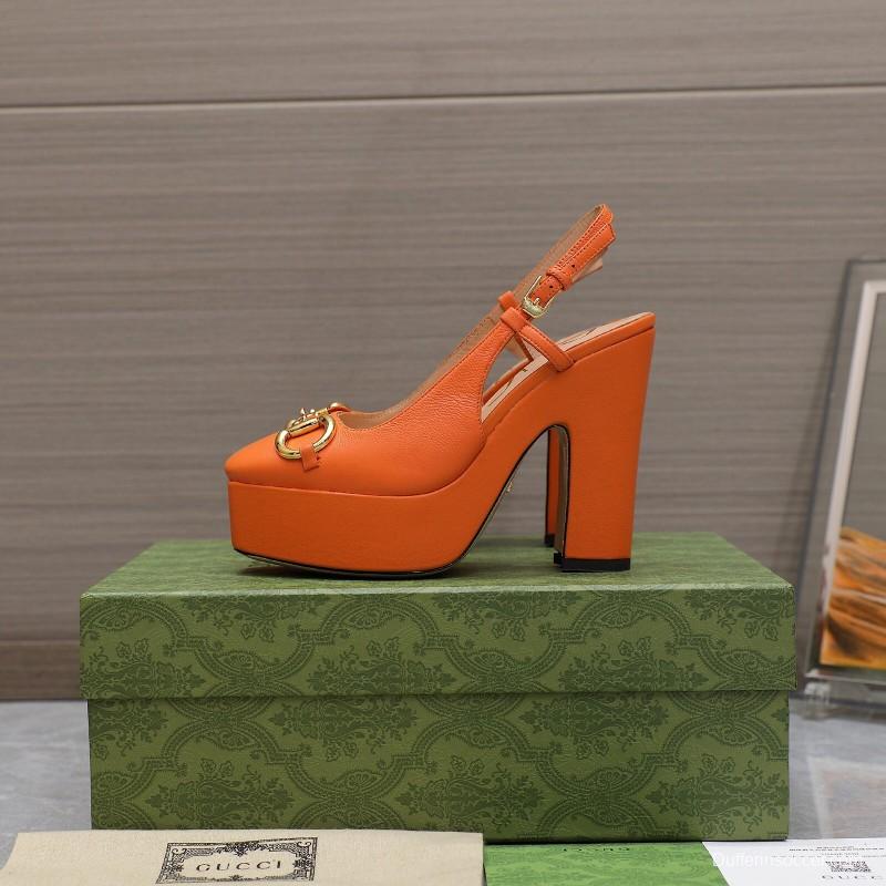 2025 Women Gucci Orange Leather Platform High Heels KFY00320