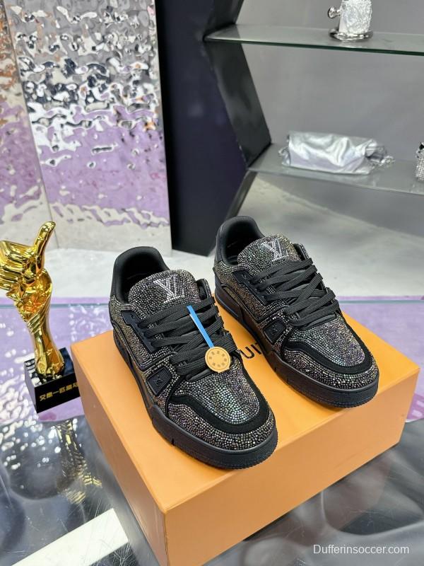 2025 Unisex Louis Vuitton Black Handmade Rhinestone Leather Fabric Plimsolls LV Trainer AS00400