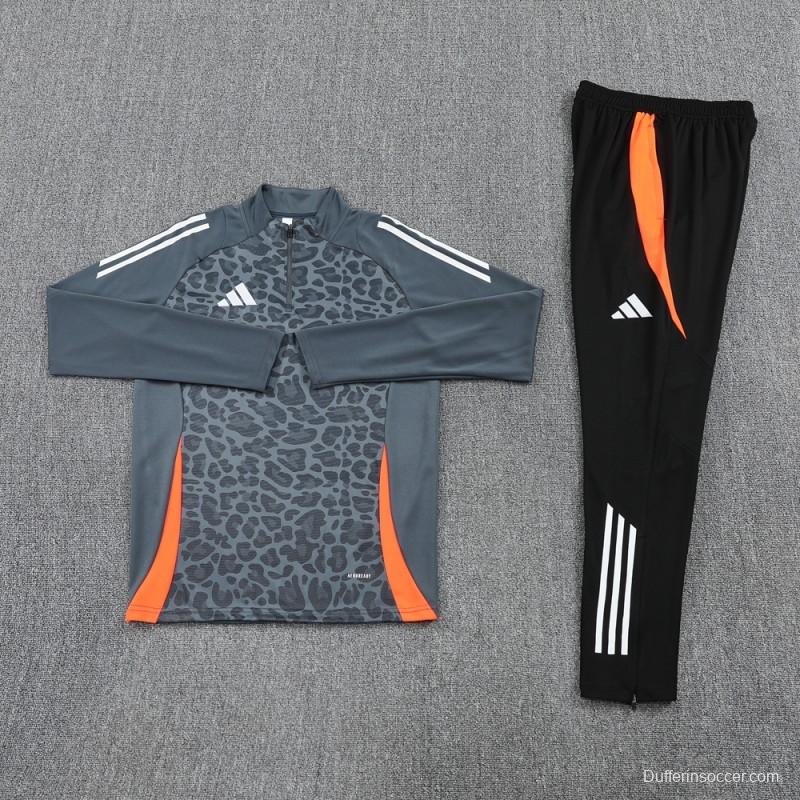 2025 Adidas Dark Grey & Black with Leopard Print Pattern and Orange Accents Half Zipper Jacket +Long Pants
