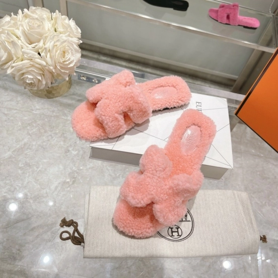 H Teddy Wool H Slippers Flat Sole Autumn Winter - LY00240